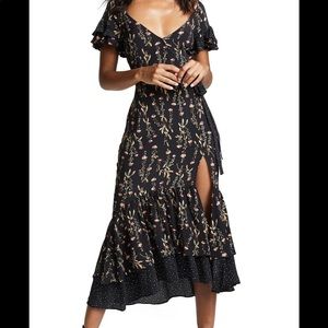 Black Melanie Belted Floral Ruffle Midi Dress